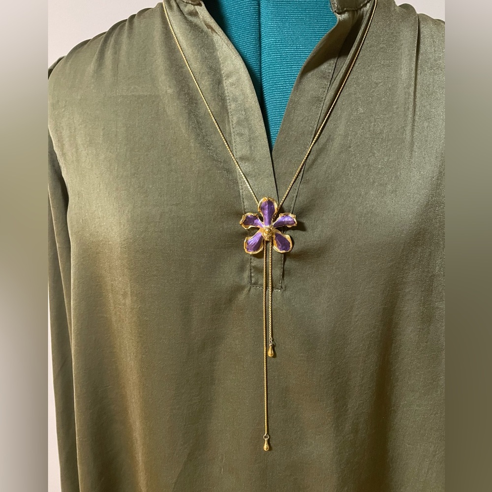 Purple Enameled Orchid Pendant with Slip On adjustable Gold tone chain Necklace